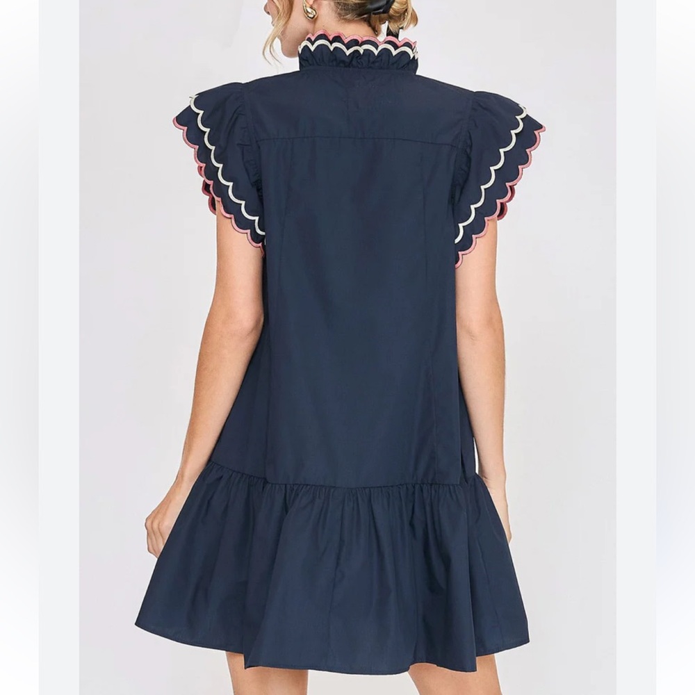 UMGEE Navy Blue Dress Ruffled Scalloped Sleeve Vneck Preppy Pockets NWT - Picture 4 of 5